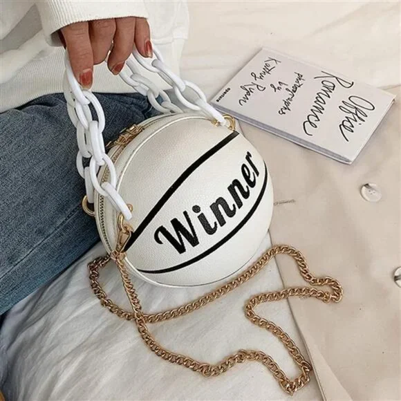 White Basketball Shaped Gold Chain Purse Crossbody Handbag - Picture 4 of 6